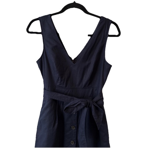 Gap Linen Dark Night Navy Blue Button Front Tie Midi Dress S Scandi Quiet Luxury - Picture 3 of 9